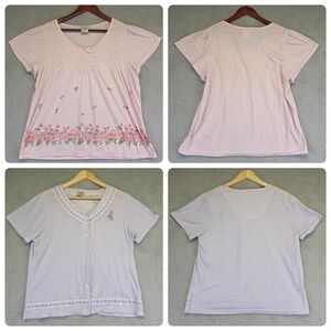 Lot of 2 Blair Top L Pink Purple V Neck Floral Printed Embroidered Grandmacore‎
